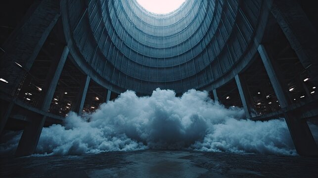 Massive billow of smoke obscures the floor inside a large industrial cooling structure
