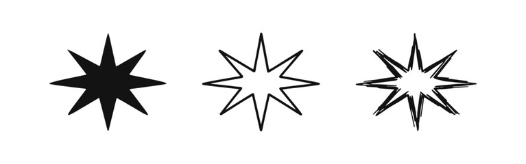 Obraz premium Starburst icon set in three variations: solid, outline, and hand-drawn, symbolizing shine and energy.