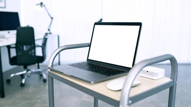 Modern laptop computer with a blank white screen on a rolling cart in a bright office setting.