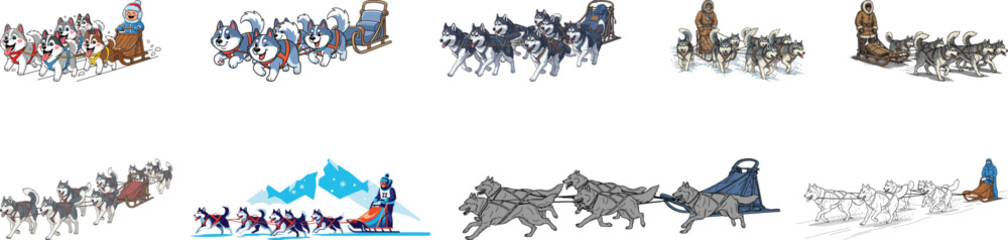 Fototapeta premium Dog Sled Vector Illustrations – Husky Sled Team & Winter Mushing Scenes