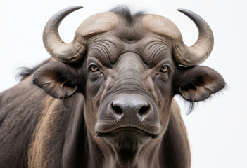 Close-up portrait of grumpy cape buffalo, with large horns, white background