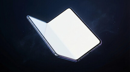 Foldable smartphone with blank screen floating in dark space with subtle particles