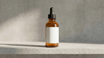 Amber glass dropper bottle with blank label on concrete shelf
