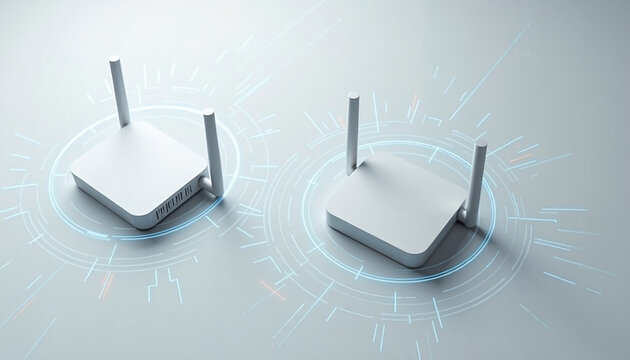 Wi-Fi routers on gray background with signal waves emanating from devices. Wi-Fi routers feature sleek design and detachable antennas, creating wireless connections for seamless internet access.