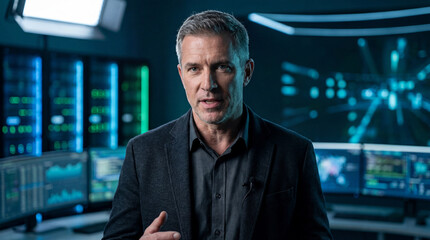 Fototapeta premium Male presenter in dark suit speaks in front of multiple computer screens displaying data and graphs in a modern technology studio environment