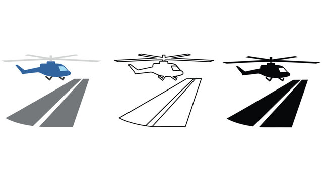 A helicopter icon set with different colored silhouettes on a runway
