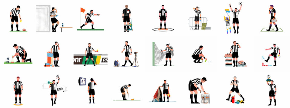 Diverse set of flat vector illustrations depicting soccer referees performing various duties, using equipment, and managing a football match.
