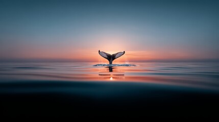Fototapeta premium Whale tail is seen in the water with the sun setting in the background. Concept of tranquility and peacefulness