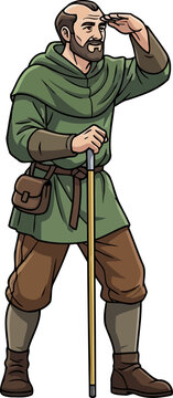 Medieval traveler looking into distance while holding walking staff