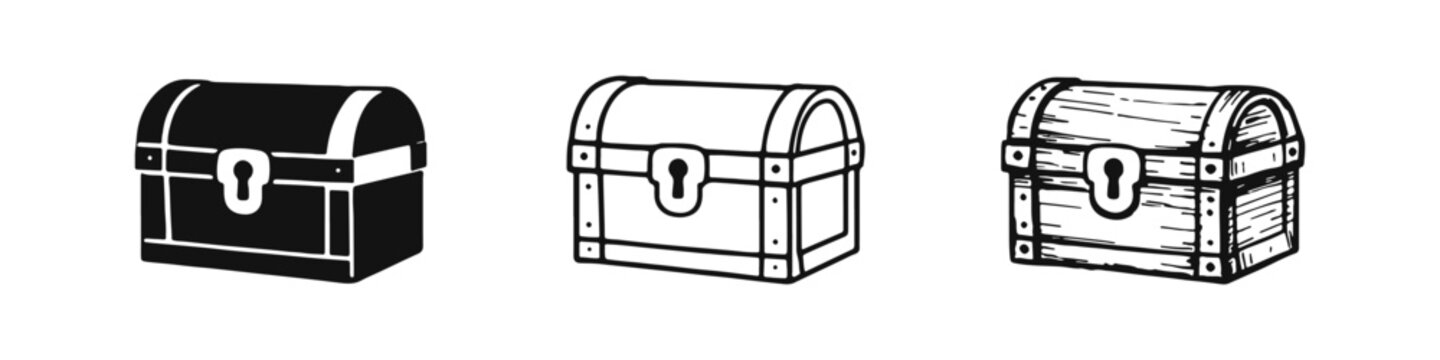 Isometric Treasure Chest Icon Set. Wooden Pirate Coffer with Lock in Black and White Doodle and Outline Art.