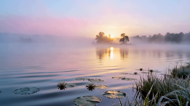 Serene Foggy Morning on a Lake at Sunrise - Peaceful Summer Landscape Scenery