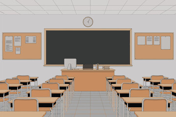 Fototapeta premium Classroom Chalkboard Poster, wooden frame board with cork bulletin boards and wall clock illustration