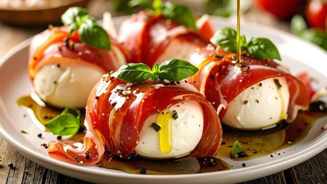 Delicious appetizer featuring fresh mozzarella balls wrapped in prosciutto, garnished with basil.
