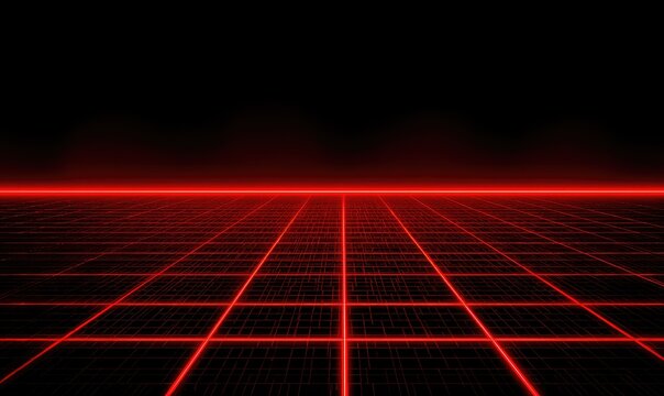 Abstract digital grid receding into infinite dark horizon with glowing red lines
