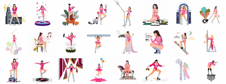 A collection of glamorous women in various performance and party scenes, showcasing music, dance, and fashion in a vibrant, disco-inspired style.