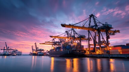 Obraz premium Next generation shipping industry automation robotics crew displacement productivity increase ethical challenge focus on whimsical Manipulation backdrop industrial harbor at twilight. 