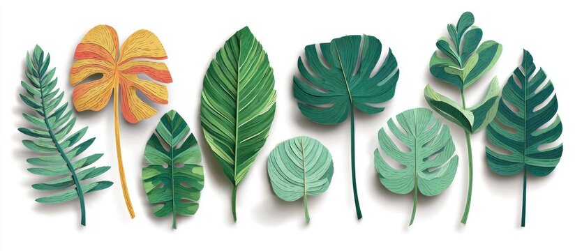 A collection of various stylized tropical leaves, rendered in layered paper cut style, on white