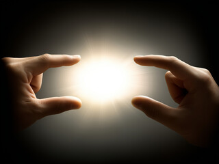 two hands holding light in the center of a dark background, with energy flowing from one hand to the other