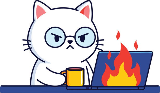 Grumpy white cat with glasses and coffee mug working under pressure for social media memes and stickers