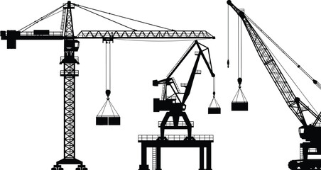 Silhouette construction cranes lifting loads, tower port crawler industrial machinery illustration artwork logistics - flavector © Yeasin