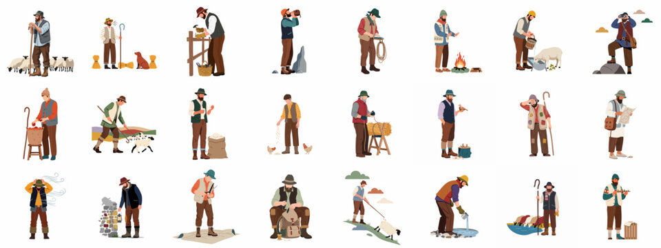 Diverse Illustrations of Shepherds Engaged in Traditional Rural Life, Animal Care, and Farming Activities