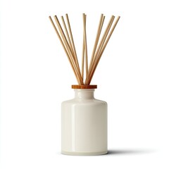Elegant aromatherapy diffuser bottle with reeds, simple design on a white background