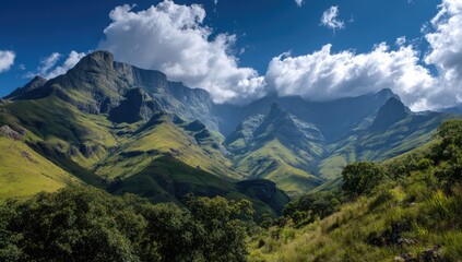 Fototapeta premium Lush green mountain valley under a vibrant blue sky