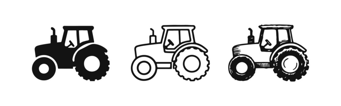 Farm tractor icon set. Agricultural vehicle in flat, outline, and hand-drawn doodle styles, isolated on white background.