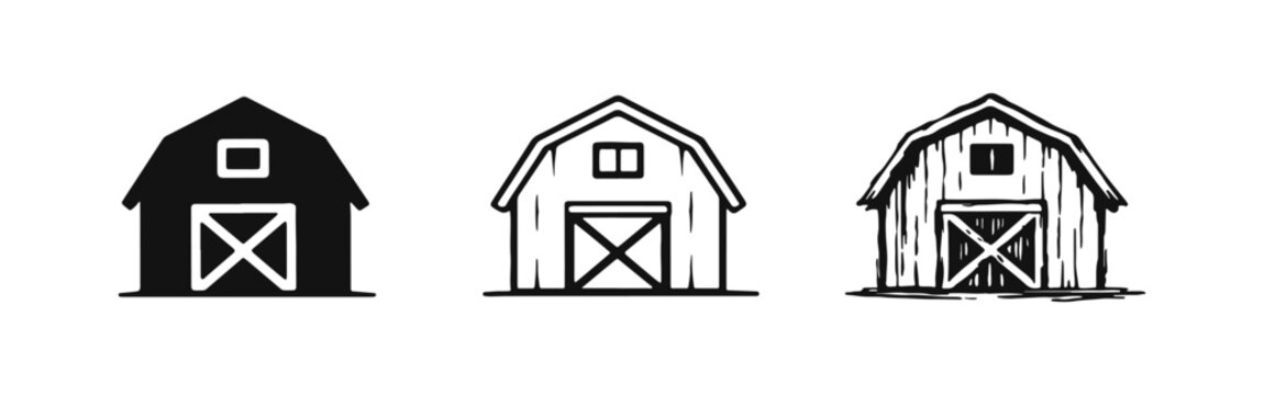 Barn icon set. Rustic farm building symbol in flat, outline, and hand-drawn doodle styles, isolated on white background.