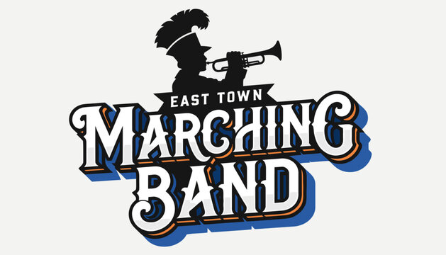 Vibrant marching band logo with musician playing trumpet