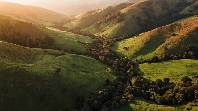 Scenic Aerial Landscape of Lush Green Valleys and Rolling Hills