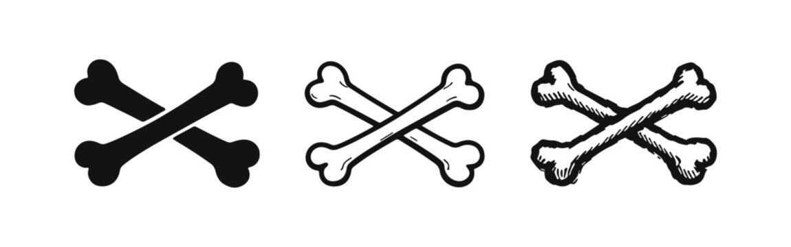 Set of crossed bones icon in three styles: solid, outline, and hand-drawn sketch illustration for danger or pirate symbols.