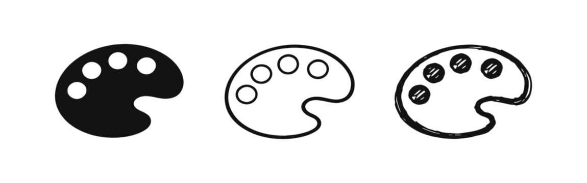 Artist's palette with paint spots icon set in solid, outline, and hand-drawn sketch styles for art, creativity, and painting.