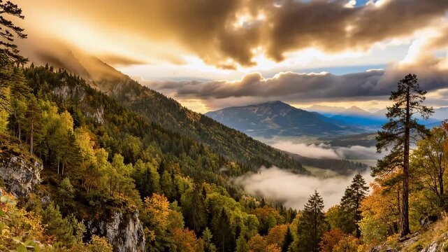 Stunning Landscape with Sun Rays Over Mountains and Forests