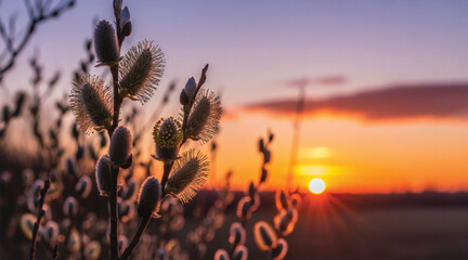 Delicate blooming pussy willow branches, early spring sign, soft pastel colors and gentle texture