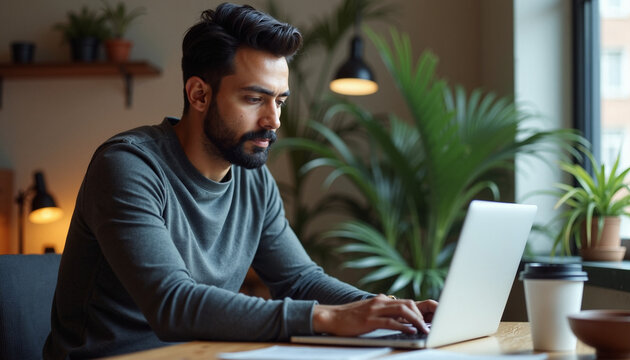 Focused man working on laptop in cozy home office with indoor plants and soft lighting. Natural work environment includes wooden desk and coffee cup. Concept of remote work lifestyle for productivity.