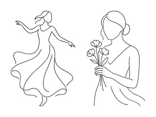 Elegant Line Art Women: Dancing & Floral Minimalist Illustrations