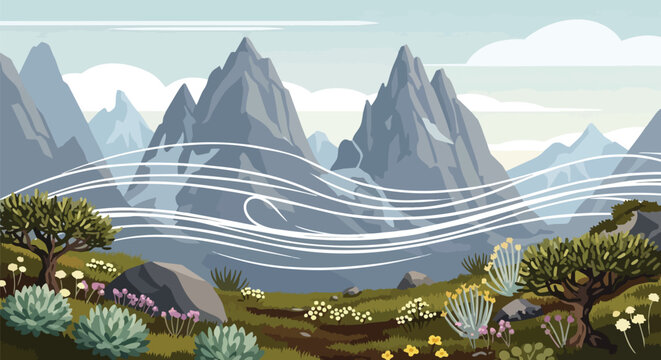 A dynamic illustration of a blustery mountain range with vibrant alpine flora and swirling atmospheric currents