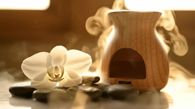 Beautiful white orchid flower with a wooden essential oil diffuser and hot spa stones emitting steam