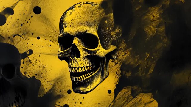 Yellow Skull with Black Paint Splash Background