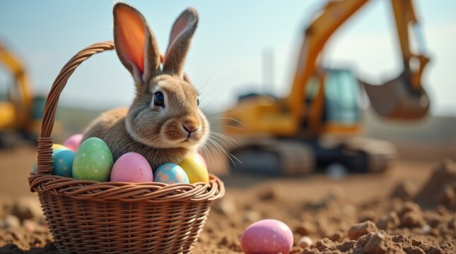 Easter rabbit and basket full of colorful Easter eggs inside a construction site with construction machinery in the background. Concept of Easter celebration during working.