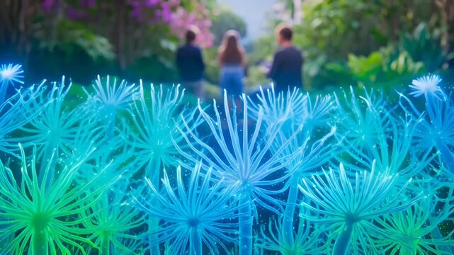 Glowing blue dandelions in a serene garden pathway at night with soft lighting