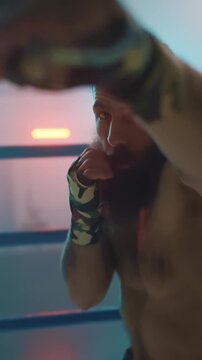 Intense Boxing Training and Fight: Professional Boxers Sparring in Ring, Close-up Portraits, Jumping Rope, Push-ups, and Cinematic Gym Workout Sessions with Athletic Men.