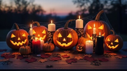 Obraz premium Glowing jack-o'-lanterns and candles on a table, autumn leaves