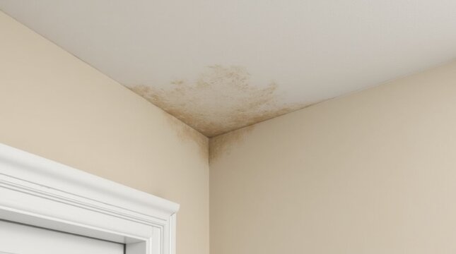 Water stain spreads across an indoor ceiling near a door. Damage, home maintenance, problem 
