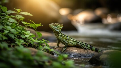 Obraz premium Green lizard on a rock near a stream, dappled sunlight