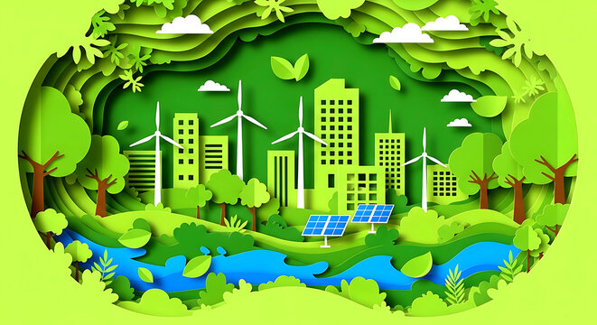 Sustainable Green City Paper Art Illustration with Renewable Energy Sources