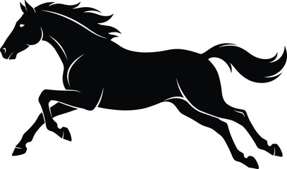 Fototapeta premium Running horse silhouette vector, black equine illustration of galloping stallion isolated on white background, dynamic motion animal graphic design