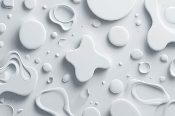 Abstract organic fluid shapes and droplets on a white matte surface, smooth