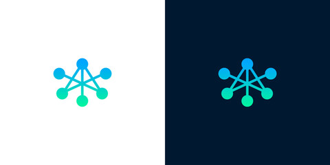 Modern abstract geometric logo design featuring interconnected nodes with a vibrant gradient, symbolizing global networks, data synergy, and advanced technological solutions